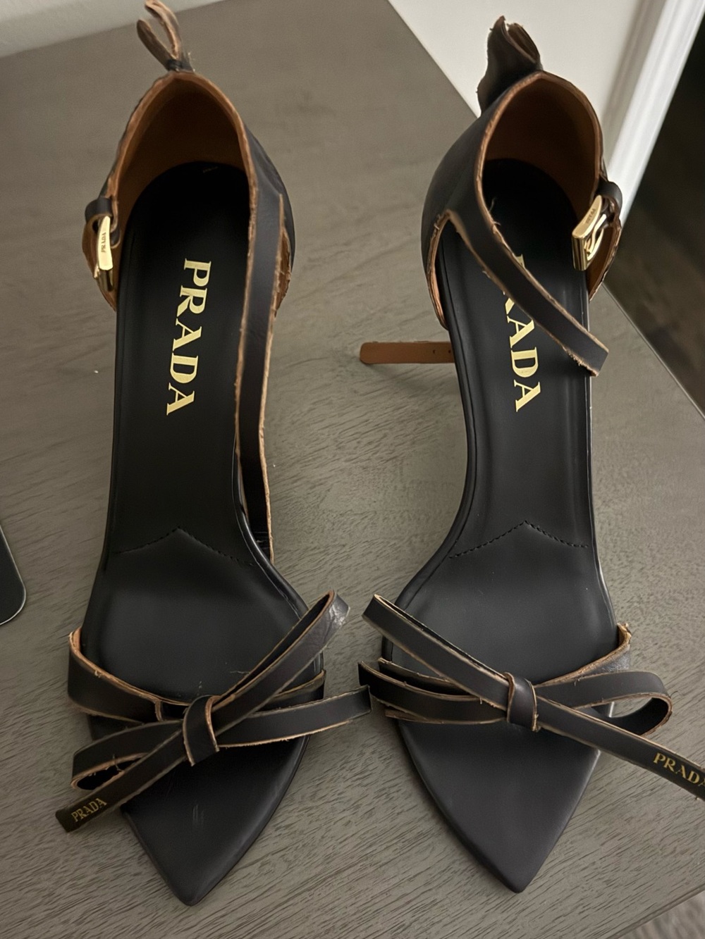 Prada Black Leather Pointed-Toe Bow Ankle-Strap Heels with Tan Trim